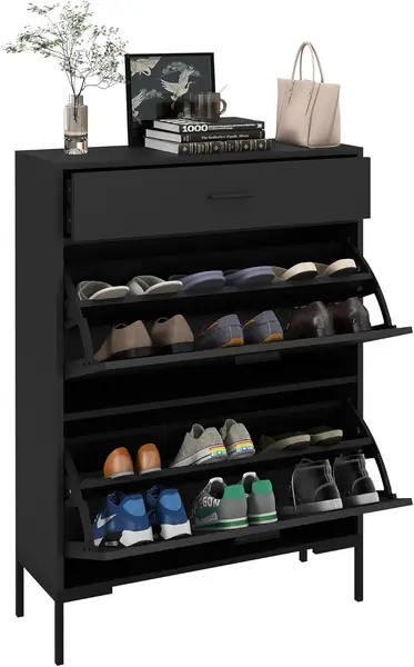 3 Drawer Shoe Cabinet with 2 Flip Doors – Entryway, Black