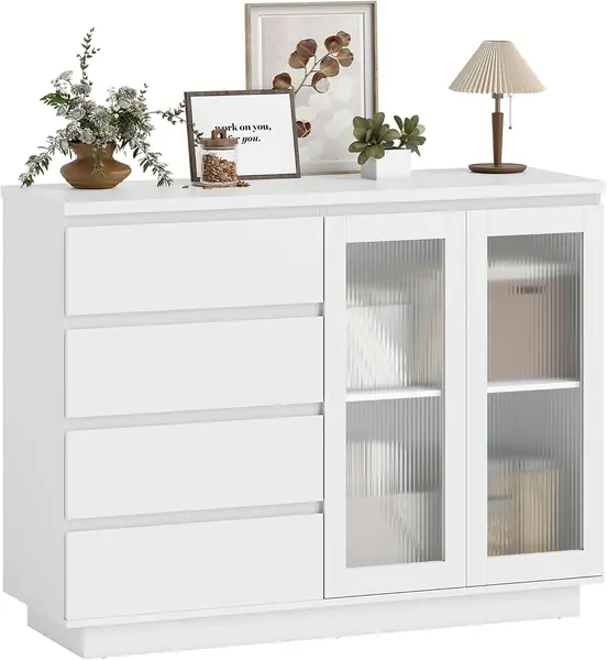 Sideboard – 4 Schubladen, 2 Soft-Close-Glastüren
